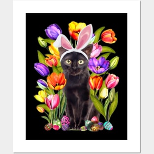 Cat Bunny Ears And Tulip Flowers Happy Easter Day Posters and Art